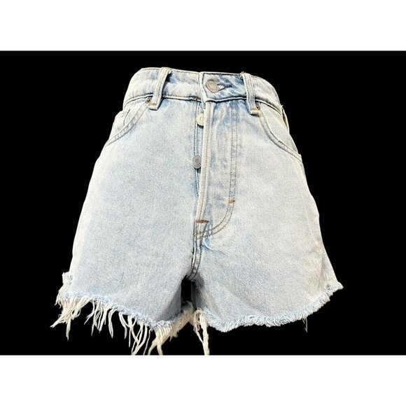 & DENIM Vintage High-Waisted Light Wash Denim Distressed Shorts, Raw Hem, BEACH - Picture 3 of 12